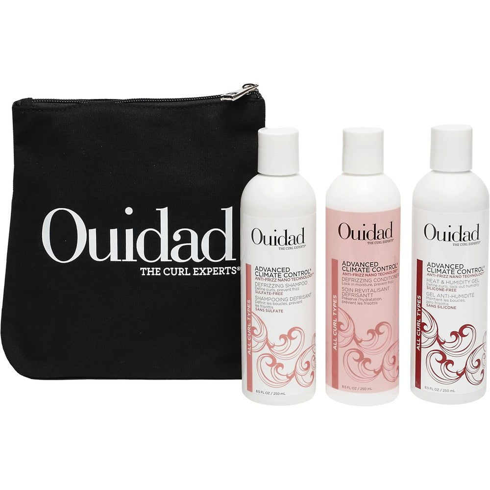 Ouidad Frizz Free Wash Day Hair Care Kit front view showing shampoo conditioner and styling gel with canvas bag.