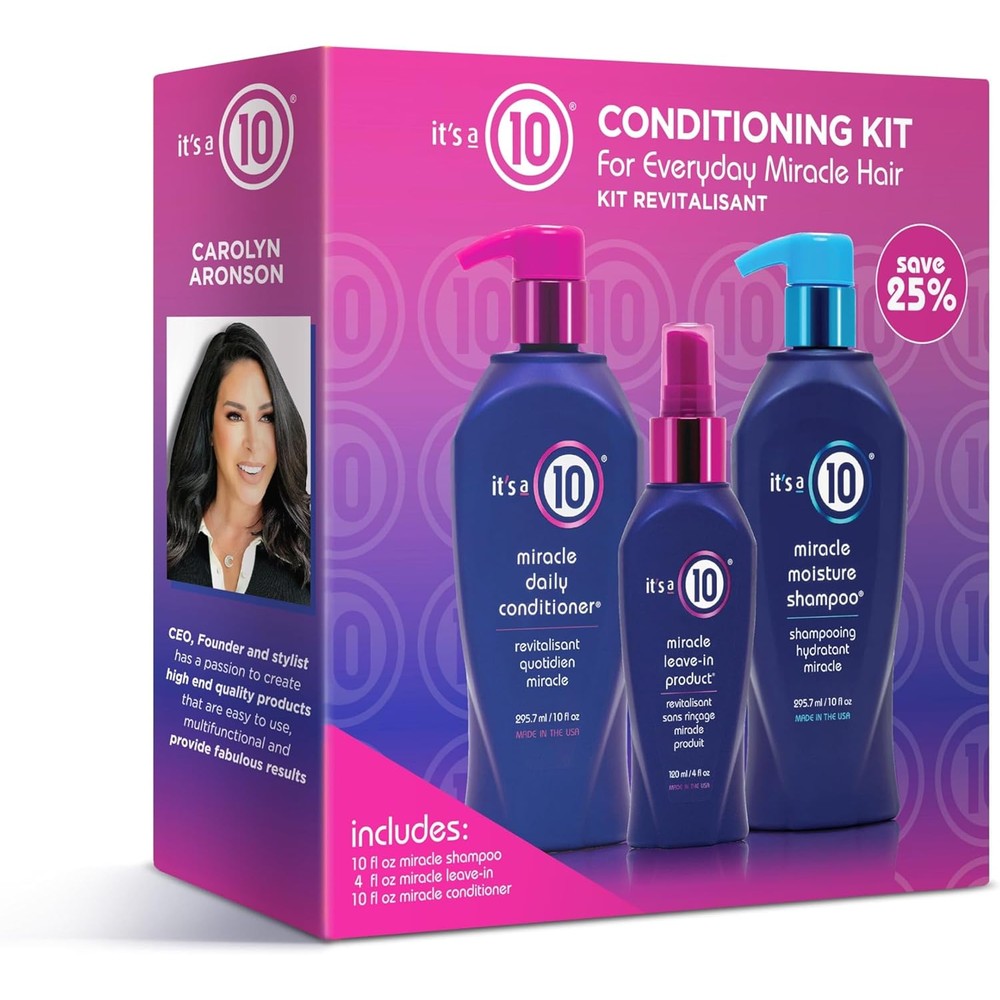 Its A 10 Miracle Conditioning Trio Kit packaging front view featuring daily shampoo conditioner and leave in product