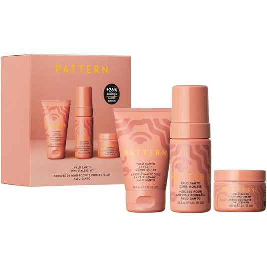 PATTERN Beauty Palo Santo Mini Stylers Kit front view showcasing three travel-size hair products