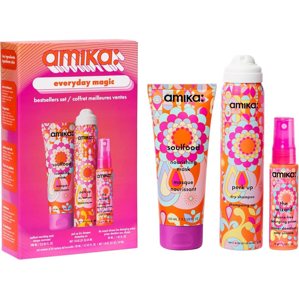 Amika Everyday Magic Bestsellers Set front view showing the colorful geometric gift box packaging