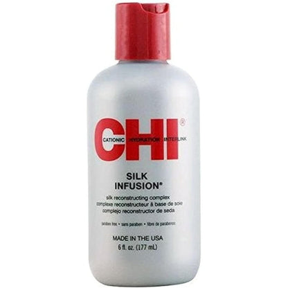 CHI Silk Infusion Silk Reconstructing Complex 2 Fluid Ounces front view of the bottle showing the label of the imported alcohol-free hair treatment.