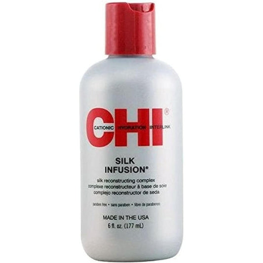 CHI Silk Infusion Silk Reconstructing Complex 2 Fluid Ounces front view of the bottle showing the label of the imported alcohol-free hair treatment.