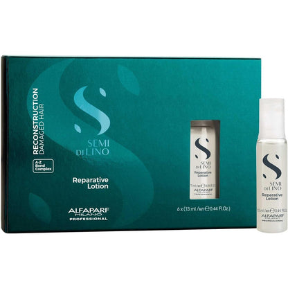 Alfaparf Milano Semi Di Lino Reconstruction Reparative Lotion six vials box front view showing professional hair repair treatment.