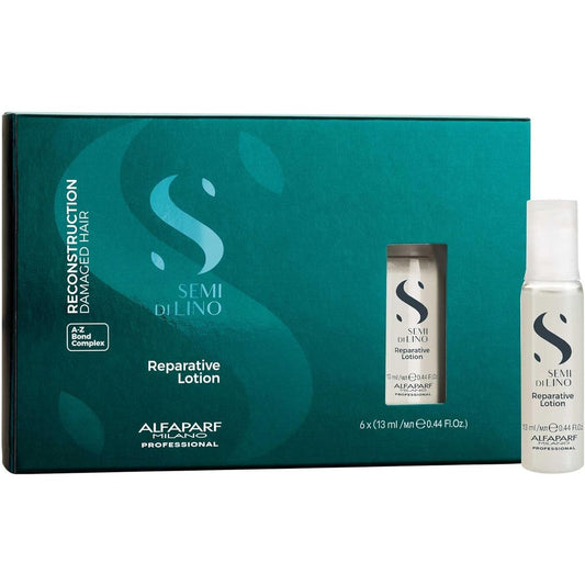 Alfaparf Milano Semi Di Lino Reconstruction Reparative Lotion six vials box front view showing professional hair repair treatment.