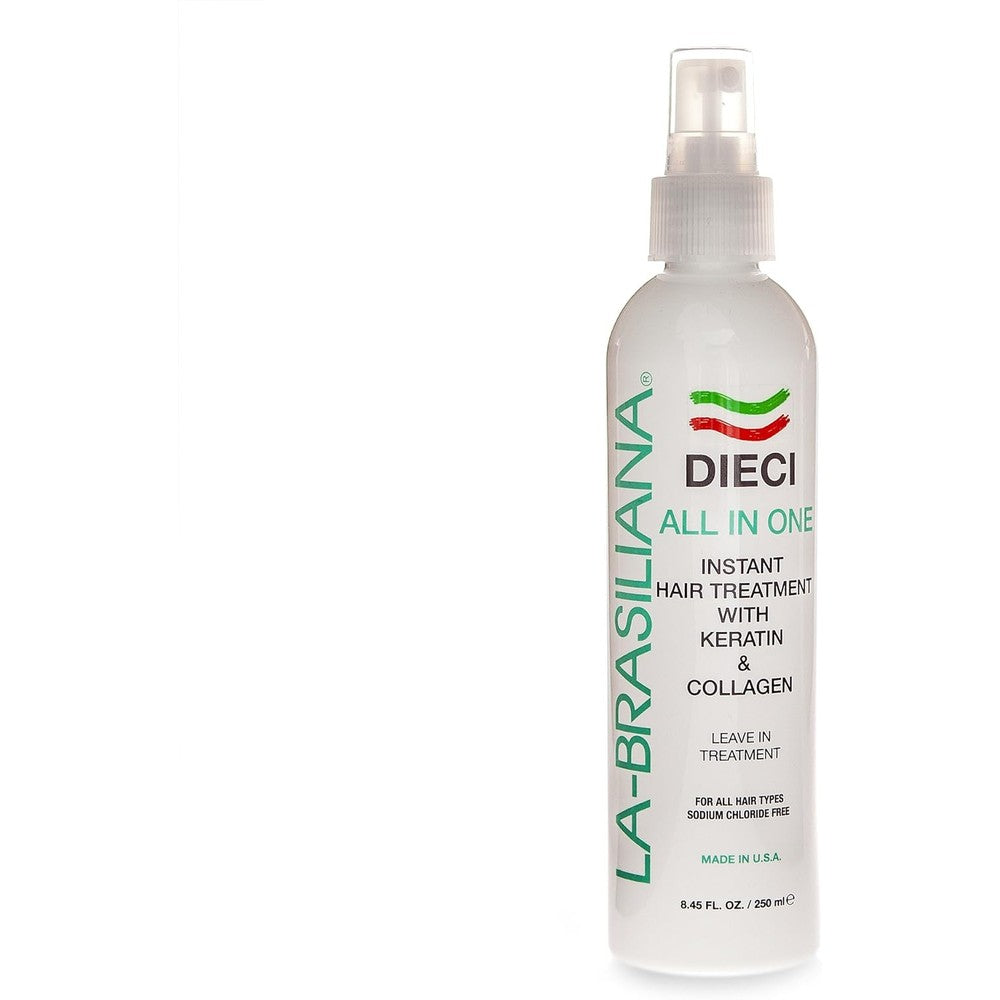 La Brasiliana Dieci All In One Instant Hair Treatment bottle front view for professional anti frizz care