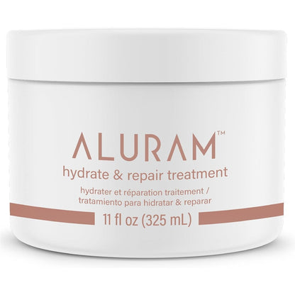 Aluram Hydrate and Repair Hair Treatment front view of the 11 fluid ounce bottle for deep conditioning hair care.