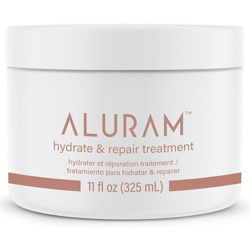 Aluram Hydrate and Repair Hair Treatment front view of the 11 fluid ounce bottle for deep conditioning hair care.