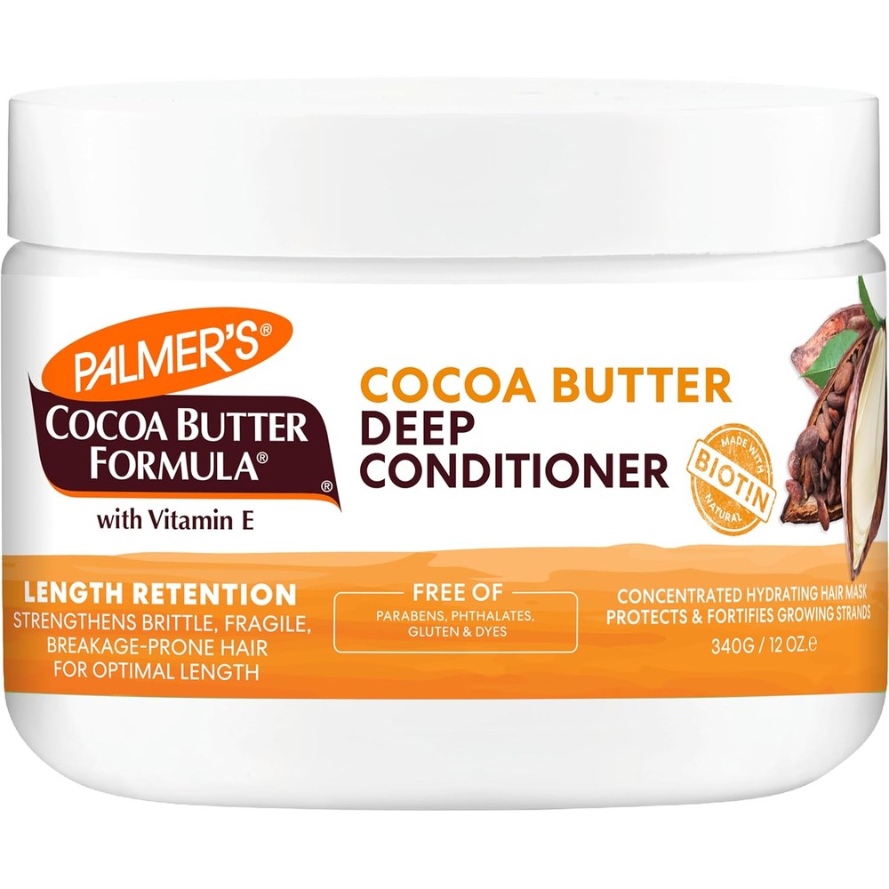 Palmer's Cocoa Butter Formula and Biotin Length Retention Deep Conditioner front view for curly hair care.