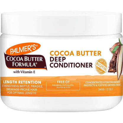Palmer's Cocoa Butter Formula and Biotin Length Retention Deep Conditioner front view for curly hair care.