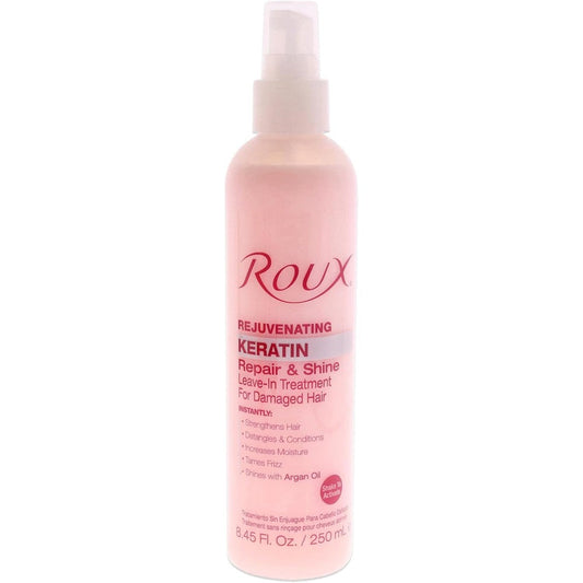 Roux Rejuvenating Keratin Repair and Shine Leave In Treatment front view bottle for damaged hair care