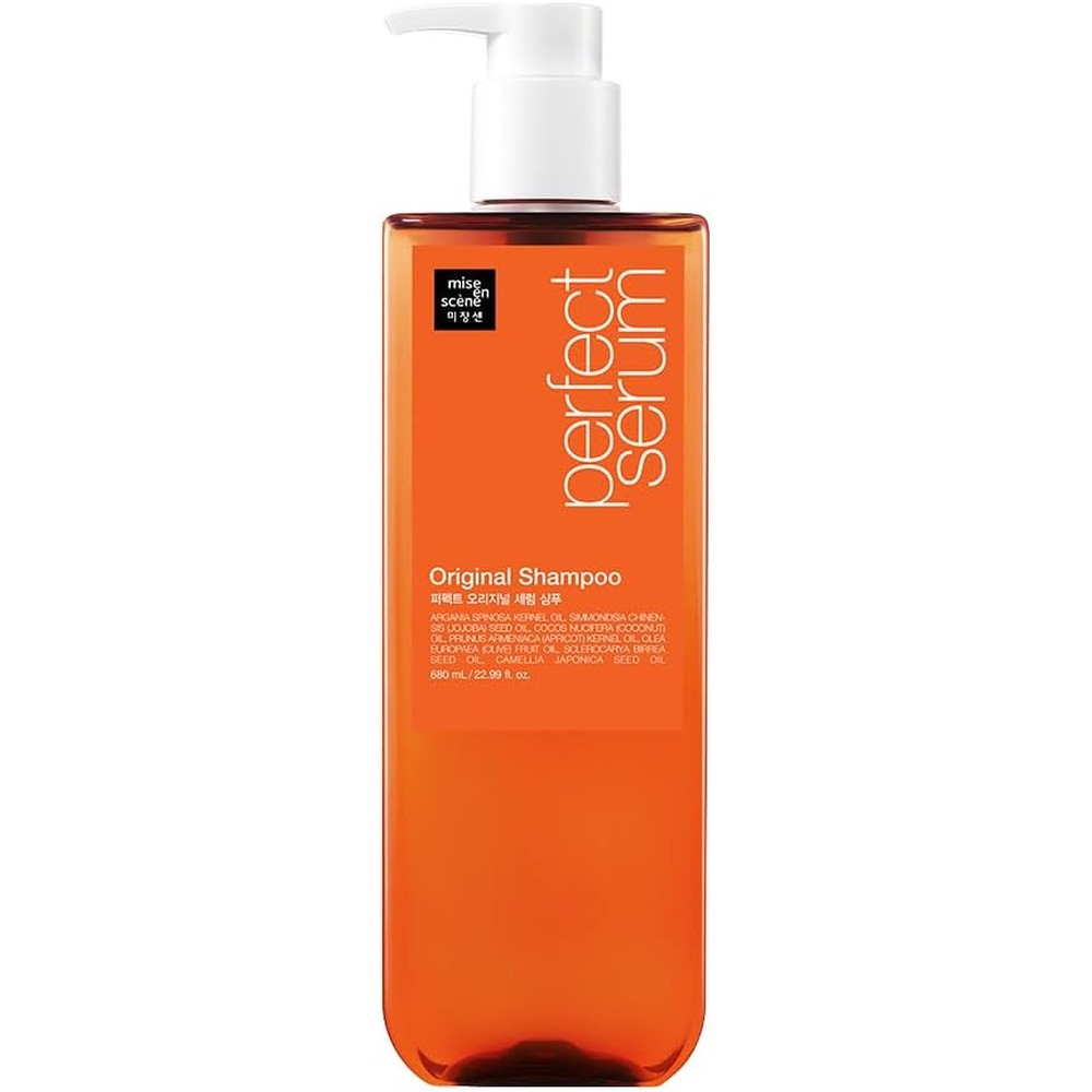 Mise En Scene Perfect Serum Original Shampoo front view of the 680ml orange bottle for damaged hair care.
