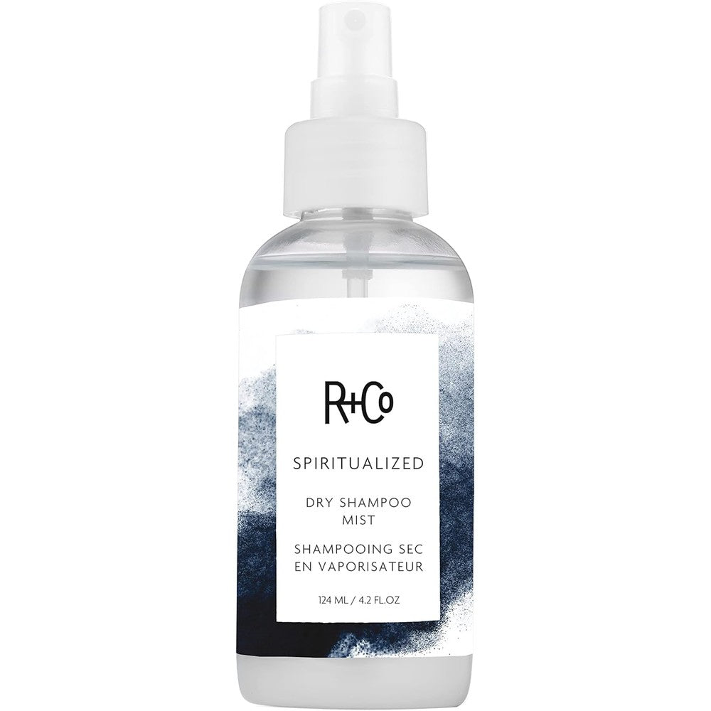 R+Co Spiritualized Dry Shampoo Mist front view of the premium blue sky graphic spray bottle