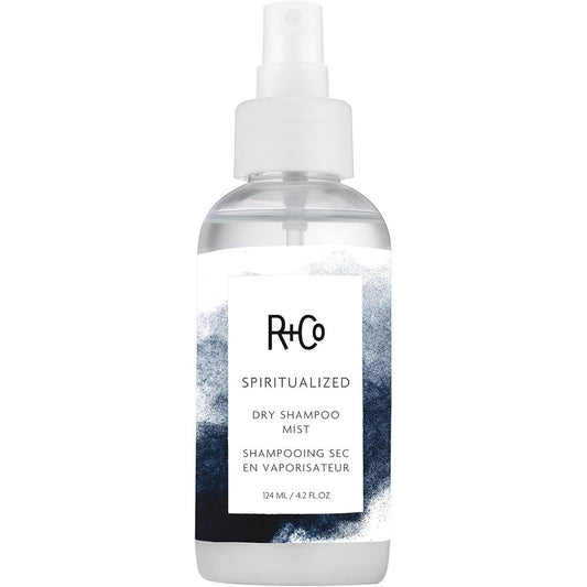 R+Co Spiritualized Dry Shampoo Mist front view of the premium blue sky graphic spray bottle