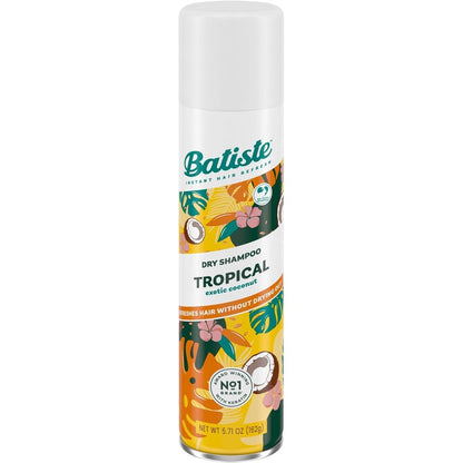 Batiste Tropical Dry Shampoo 5.71 Ounce front view showing the colorful palm leaf packaging.