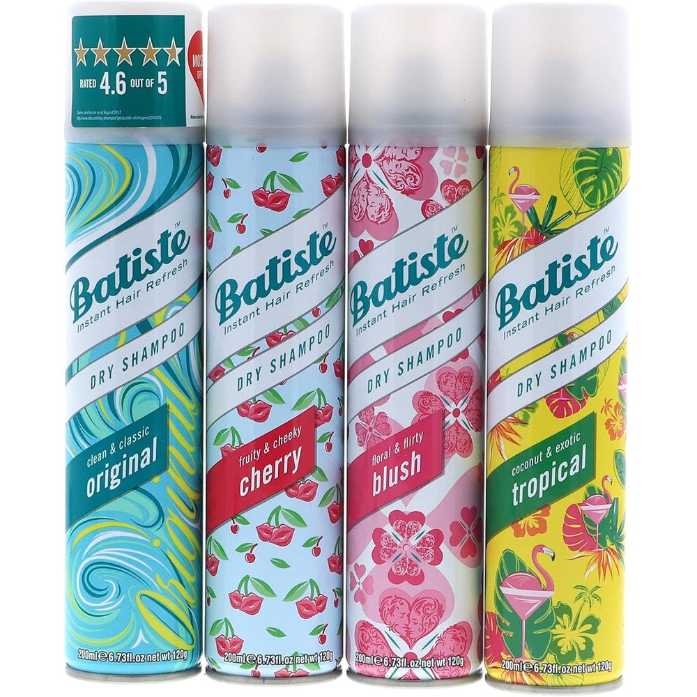Batiste Dry Shampoo Variety Four Pack front view showcasing original cherry blush and tropical canisters