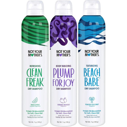 Not Your Mother's Dry Shampoo Signature Assortment three-pack front view showing Clean Freak Plump for Joy and Beach Babe cans