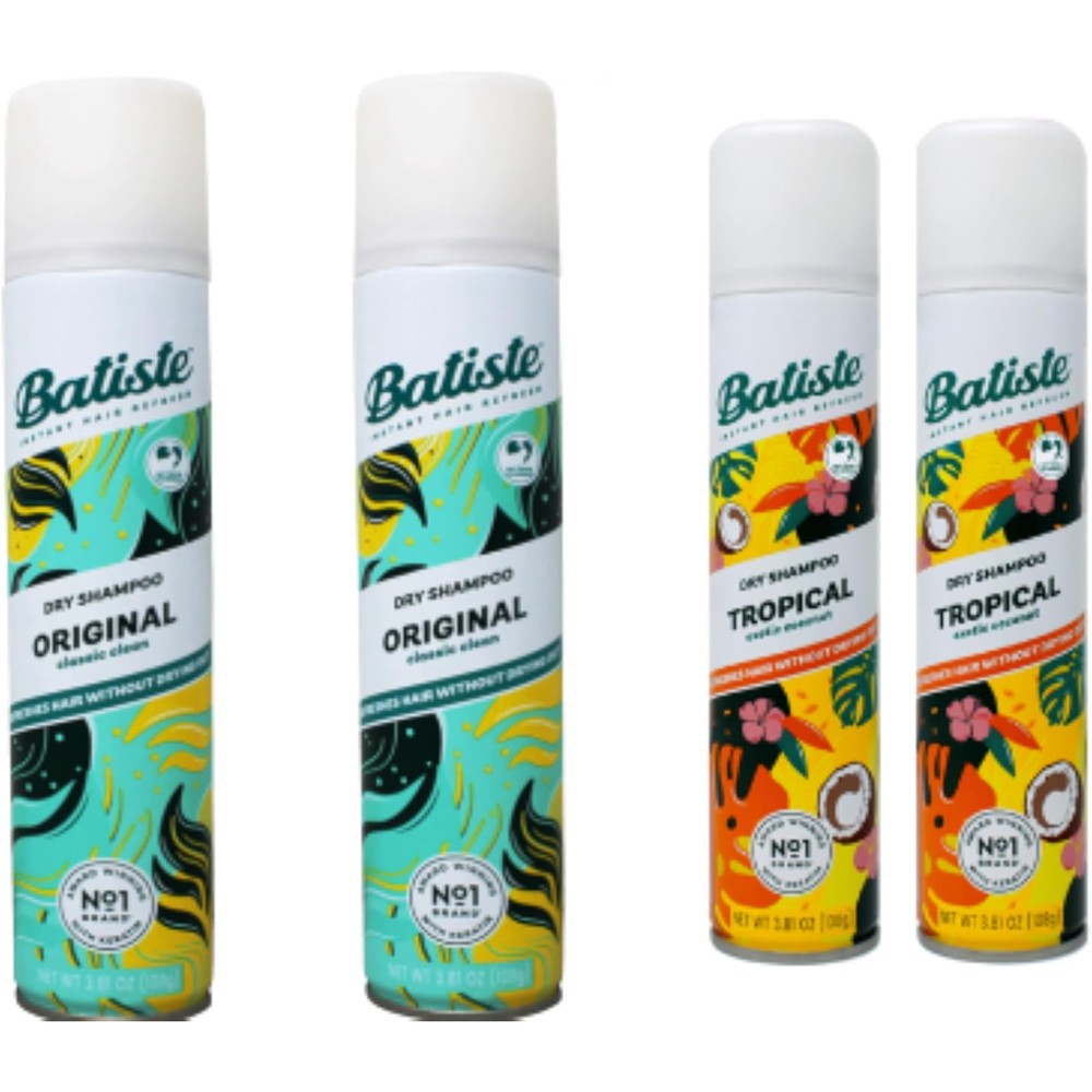 Batiste Dry Shampoo Spray 4-Pack Variety Mix front view showing Original and Tropical bottles for waterless hair refreshing.