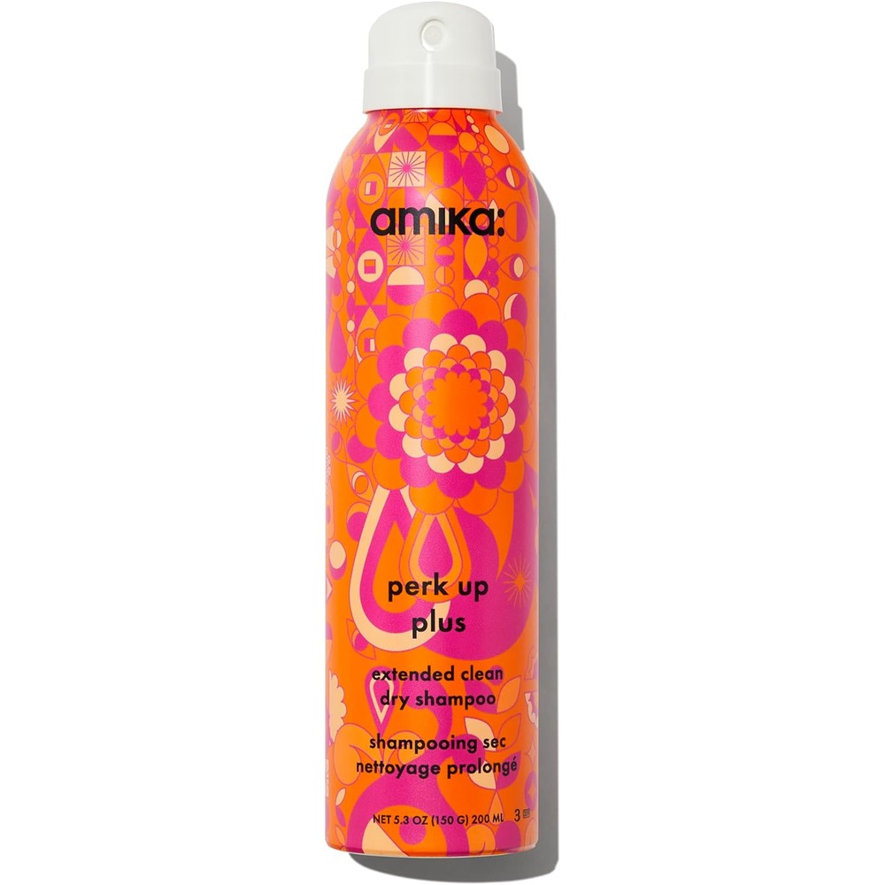 Amika Perk Up Plus Extended Clean Dry Shampoo front view aerosol bottle highlighting oil absorption benefits
