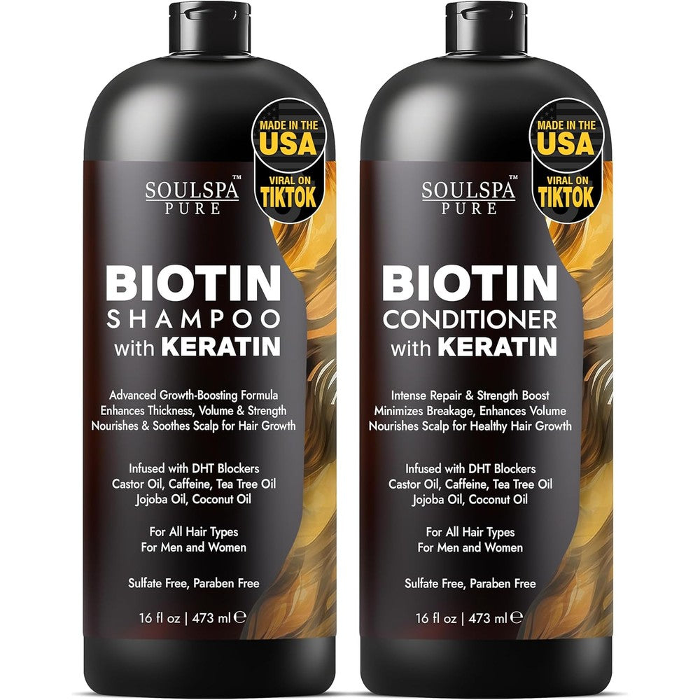 SoulSpa Pure Biotin and Keratin Shampoo and Conditioner Set front view showing the signature black bottles.