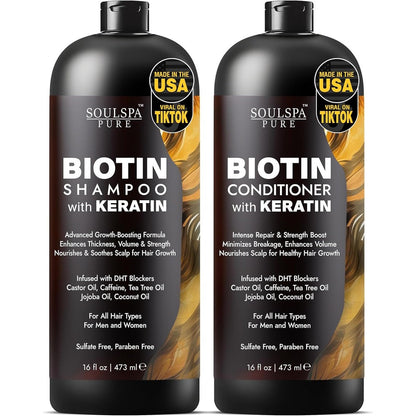SoulSpa Pure Biotin and Keratin Shampoo and Conditioner Set front view showing the signature black bottles.