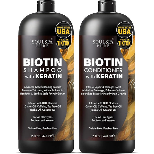 SoulSpa Pure Biotin and Keratin Shampoo and Conditioner Set front view showing the signature black bottles.