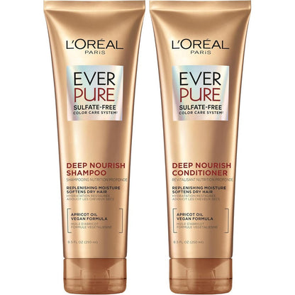 L'Oreal Paris EverPure Deep Nourish Shampoo and Conditioner set front view for dry hair care