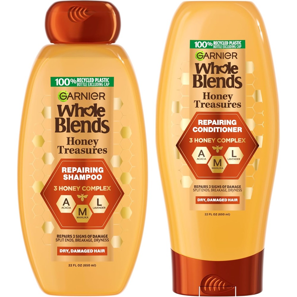 Garnier Whole Blends Honey Treasures Repairing Shampoo and Conditioner set front view for dry damaged hair care routine