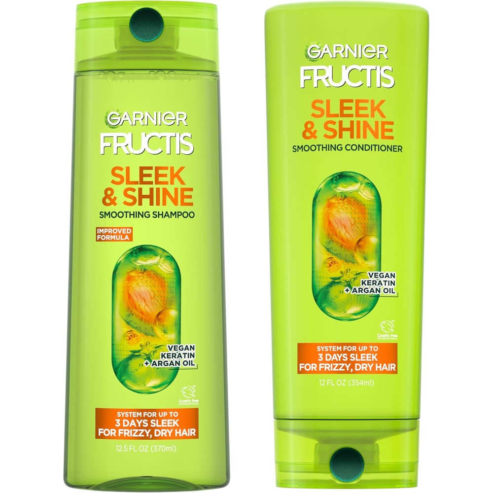 Garnier Fructis Sleek and Shine Shampoo and Conditioner set front view for anti frizz hair care