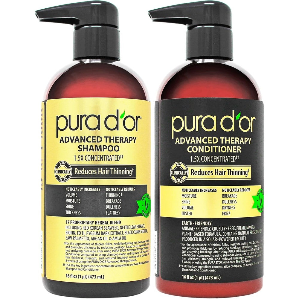 PURA D'OR Advanced Therapy Biotin Shampoo and Conditioner front view for hair thinning