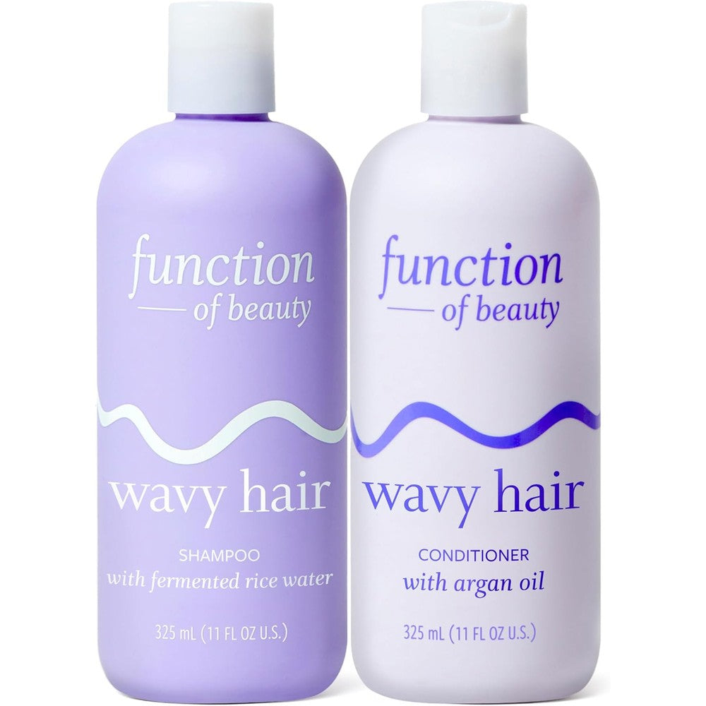 Function of Beauty Wavy Hair Shampoo and Conditioner Set front view purple bottles