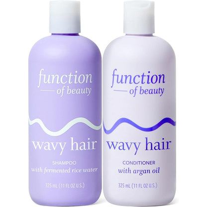 Function of Beauty Wavy Hair Shampoo and Conditioner Set front view purple bottles