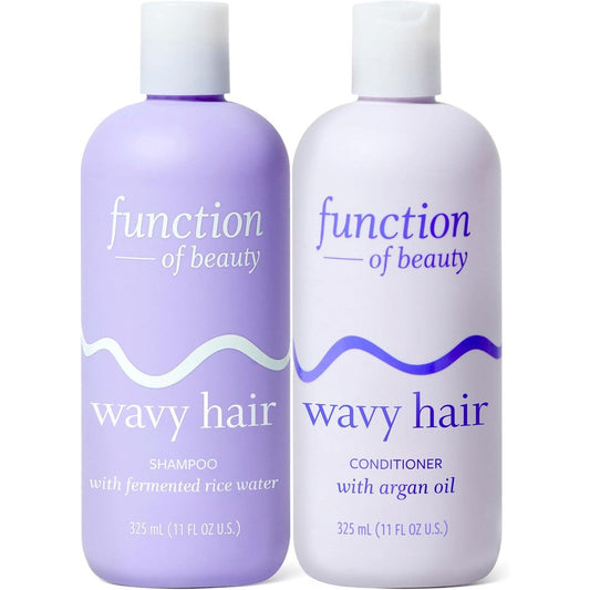Function of Beauty Wavy Hair Shampoo and Conditioner Set front view purple bottles