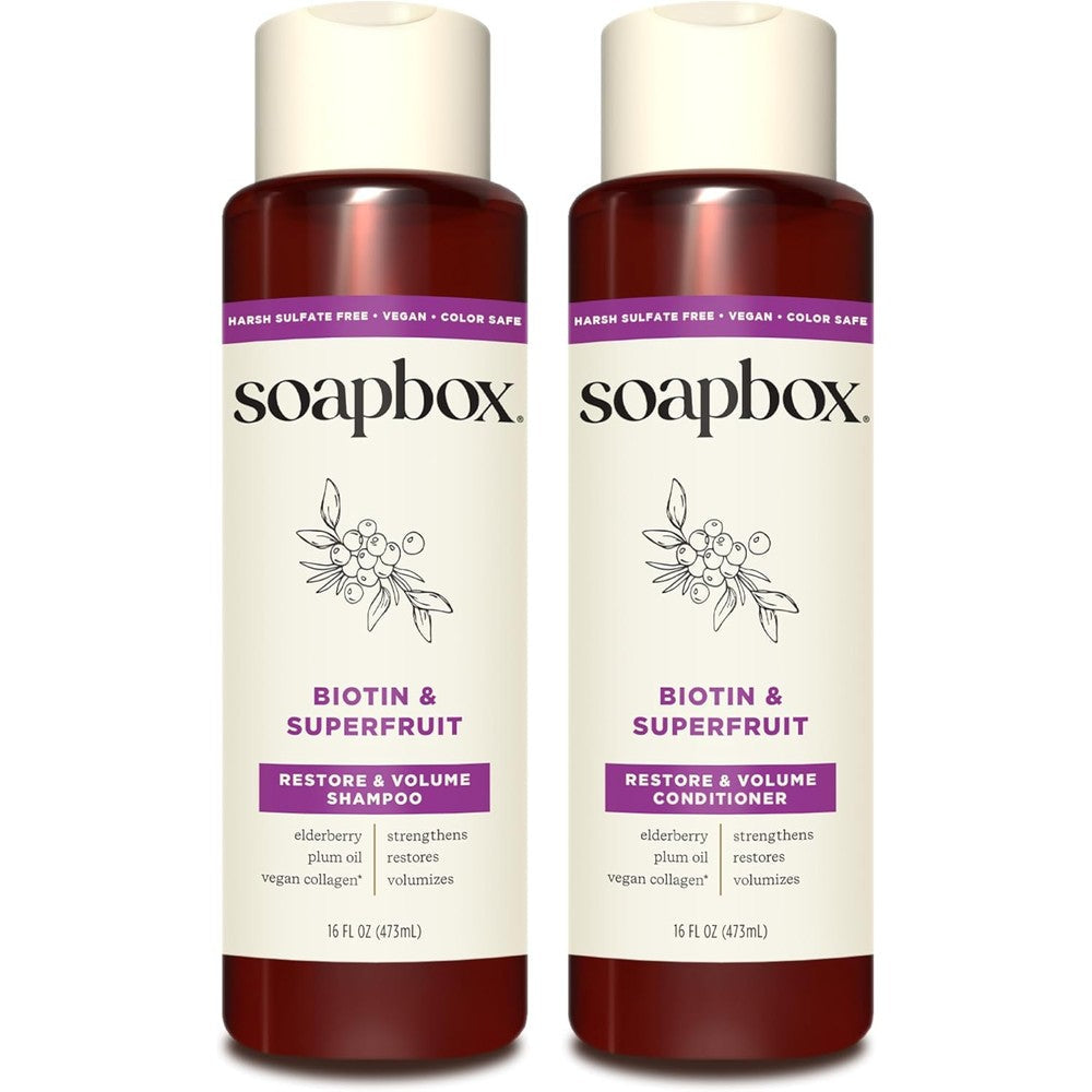 Soapbox Biotin and Superfruit Shampoo and Conditioner Set front view showing packaging details