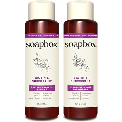 Soapbox Biotin and Superfruit Shampoo and Conditioner Set front view showing packaging details