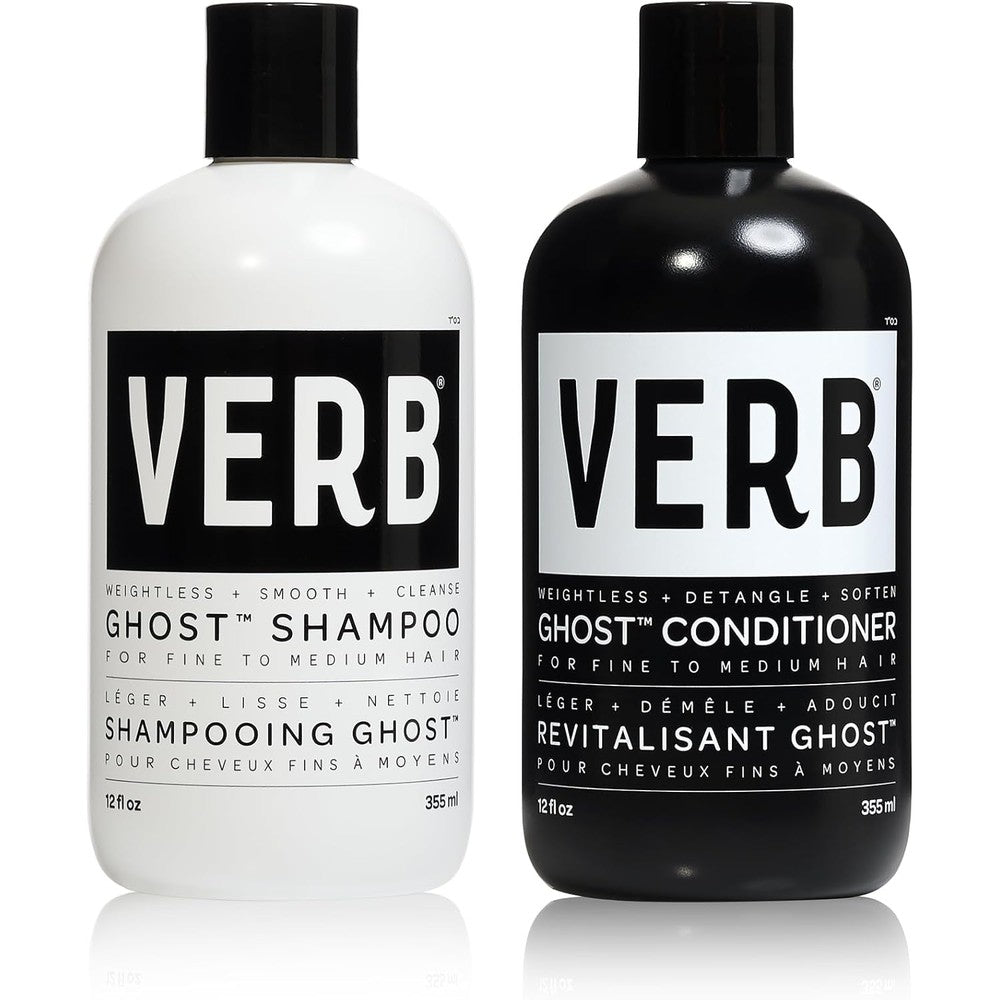 Verb Ghost Shampoo and Conditioner Duo Set front view of twelve ounce bottles for weightless hair care