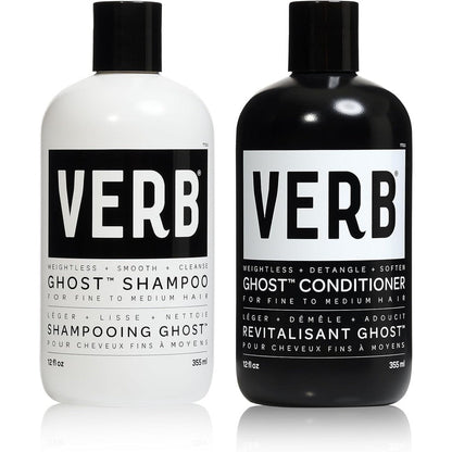 Verb Ghost Shampoo and Conditioner Duo Set front view of twelve ounce bottles for weightless hair care