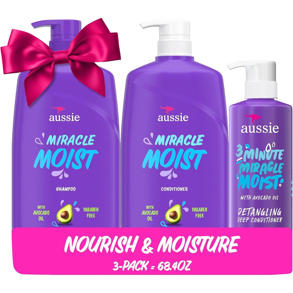 Aussie Miracle Moist three pack bundle showing front view of shampoo conditioner and deep treatment bottles