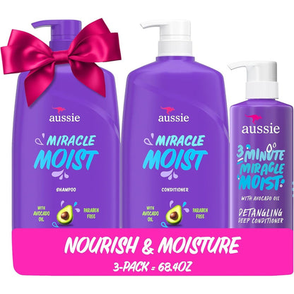 Aussie Miracle Moist three pack bundle showing front view of shampoo conditioner and deep treatment bottles