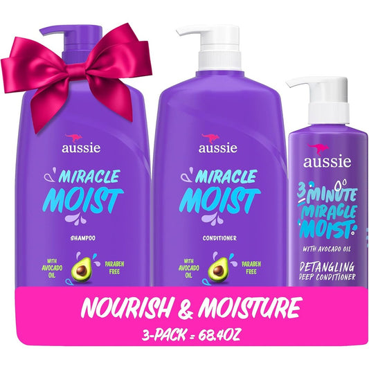Aussie Miracle Moist three pack bundle showing front view of shampoo conditioner and deep treatment bottles