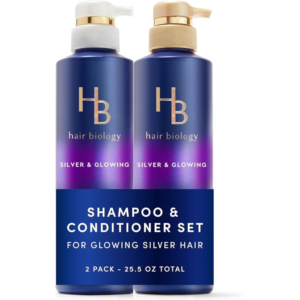 Hair Biology Silver and Glowing Purple Shampoo and Conditioner Set front view.