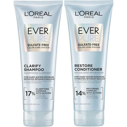 L'Oreal Paris EverPure Clarify and Restore Shampoo and Conditioner Set front view clarifying hair care kit