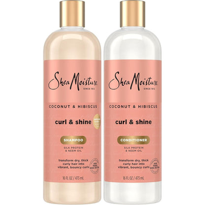 SheaMoisture Coconut and Hibiscus Curl and Shine shampoo and conditioner twin pack front view showcasing imported curly hair collection