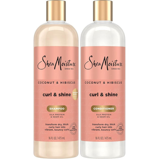 SheaMoisture Coconut and Hibiscus Curl and Shine shampoo and conditioner twin pack front view showcasing imported curly hair collection