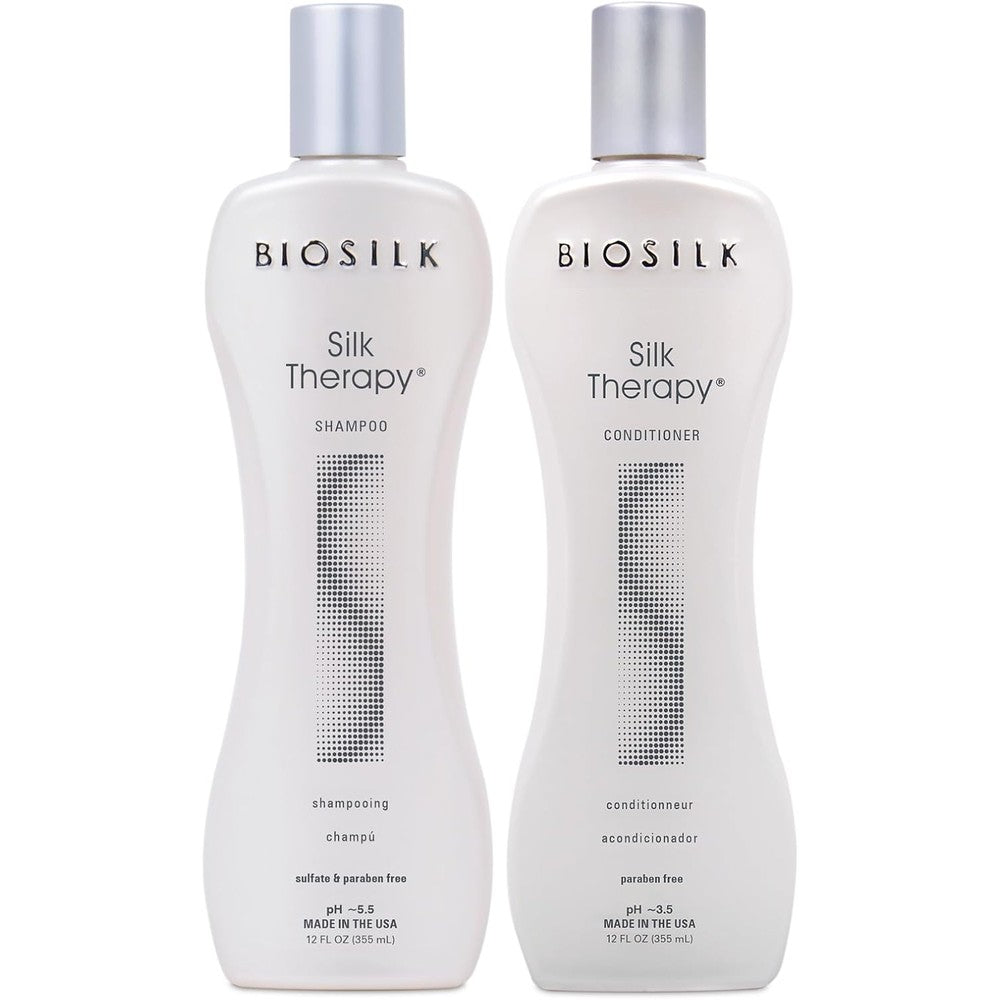 BioSilk Silk Therapy Duo Set front view showing the twelve ounce shampoo and conditioner bottles side by side for professional hair repair.
