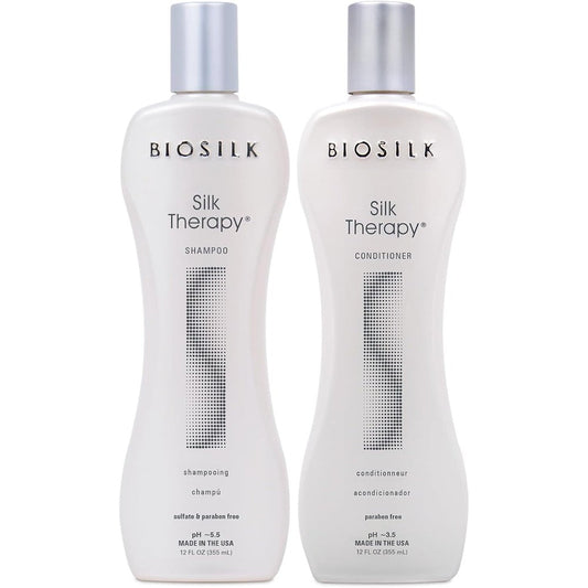 BioSilk Silk Therapy Duo Set front view showing the twelve ounce shampoo and conditioner bottles side by side for professional hair repair.