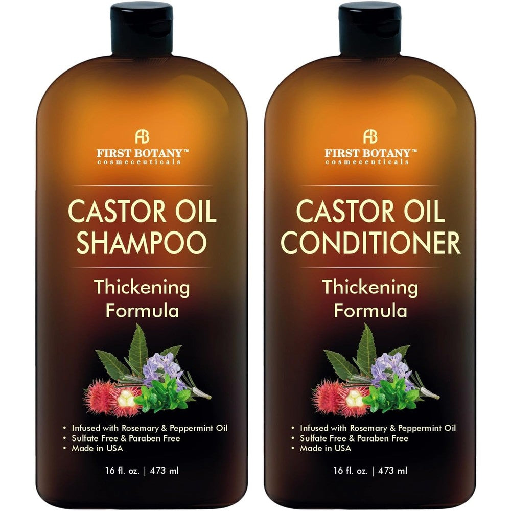First Botany Castor Oil Shampoo and Conditioner front view bottles showing anti hair loss thickening formula text