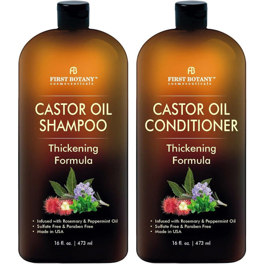 First Botany Castor Oil Shampoo and Conditioner front view bottles showing anti hair loss thickening formula text