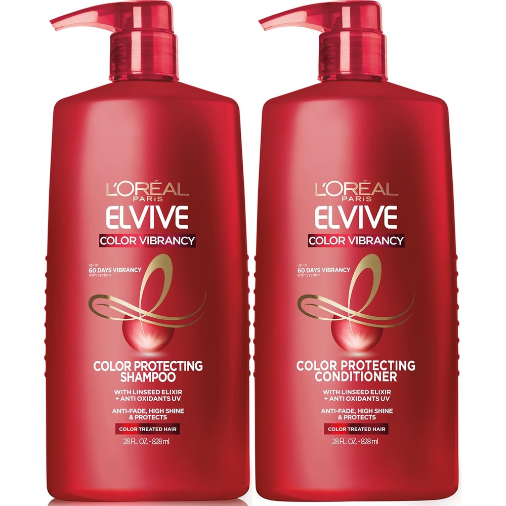 L'Oreal Paris Elvive Color Vibrancy Protecting Shampoo and Conditioner Set front view showcasing the 28 fluid ounce bottles