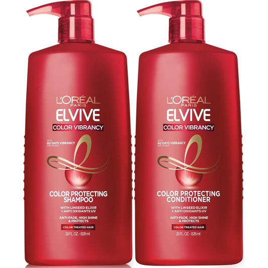 L'Oreal Paris Elvive Color Vibrancy Protecting Shampoo and Conditioner Set front view showcasing the 28 fluid ounce bottles