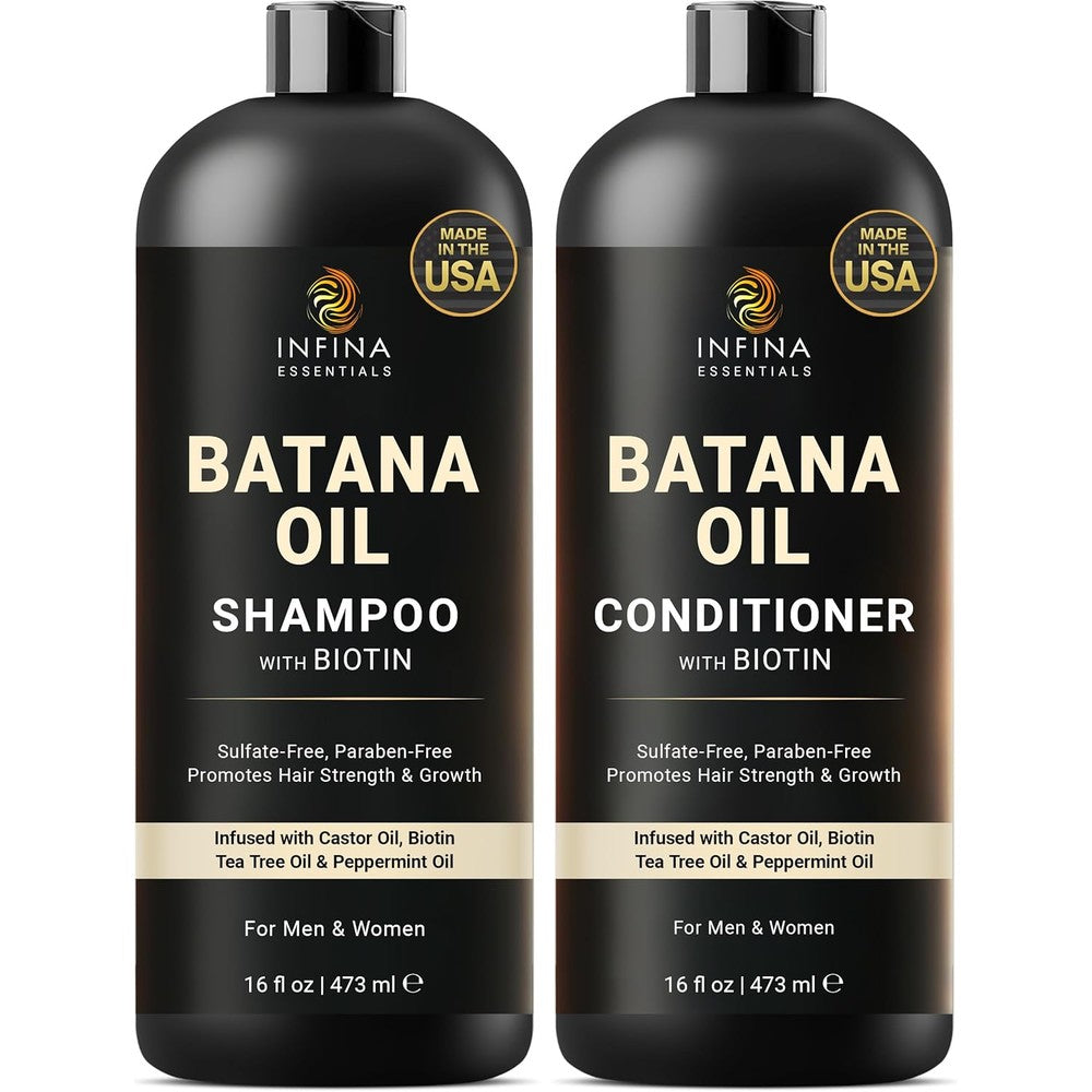Infina Essentials Batana Oil Shampoo and Conditioner Set front view showing two sixteen fluid ounce bottles for hair growth